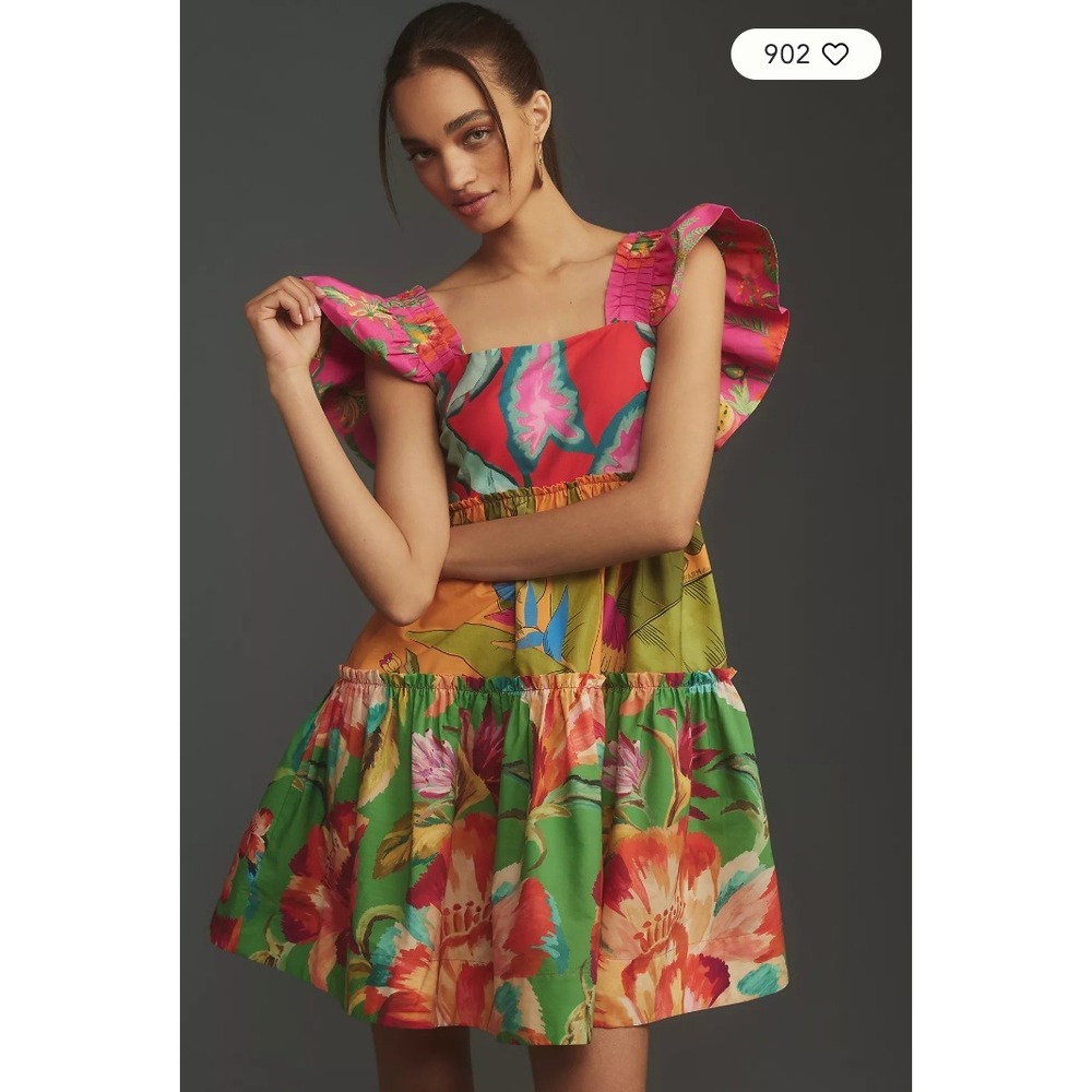 Farm Rio Foliage Mix Mini Dress Tropical Floral Ruffle Tiered Cotton XL $198 NWT - Picture 2 of 9